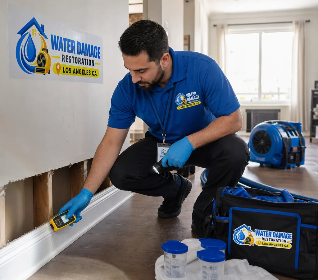 Inspector in PPE checking baseboards and drywall with a moisture meter inside a Los Angeles home