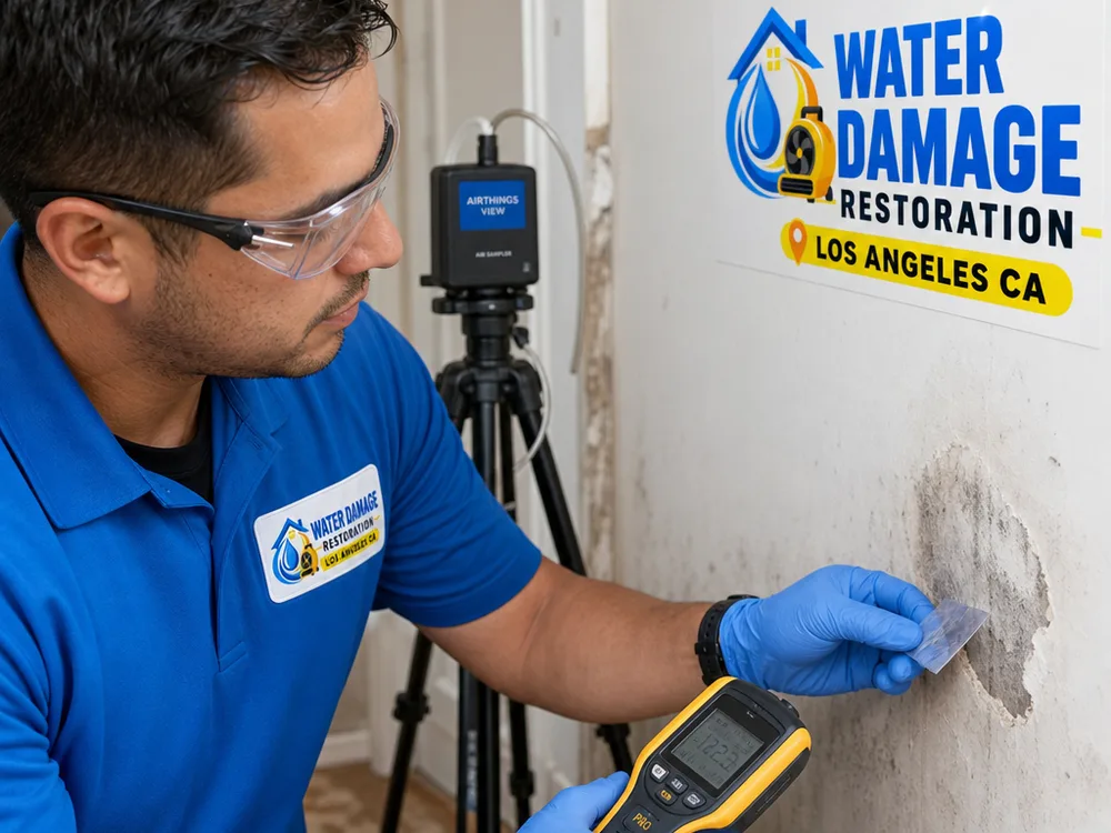 Technician taking a tape-lift sample from discolored drywall with moisture meter and air sampling pump nearby
