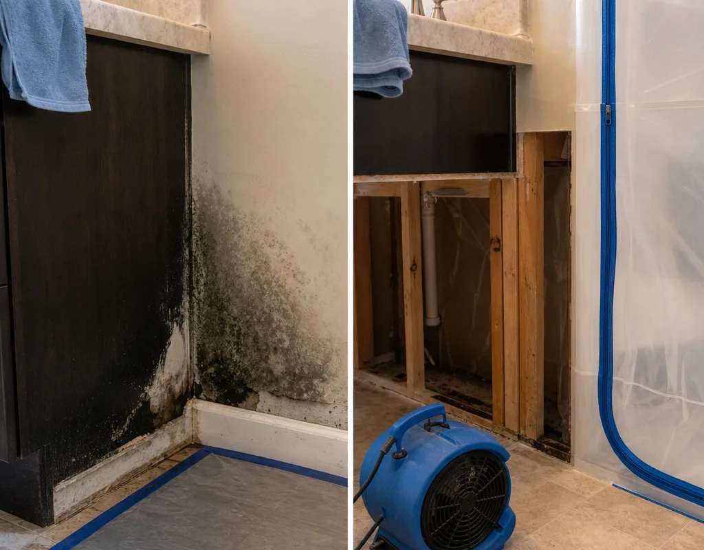 Before and after view of a mold-affected bathroom vanity wall cleaned inside containment