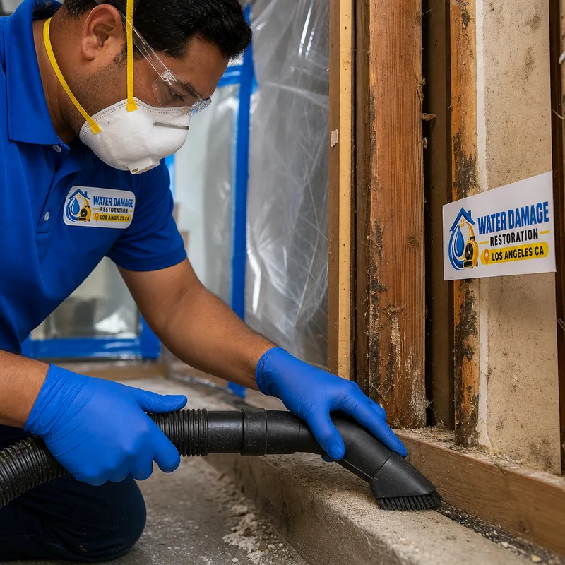 Technician HEPA vacuuming exposed framing inside a contained work zone