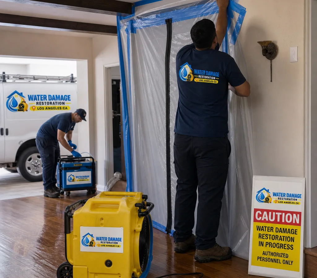 Technicians in protective equipment setting up containment and a negative air machine in a Los Angeles home