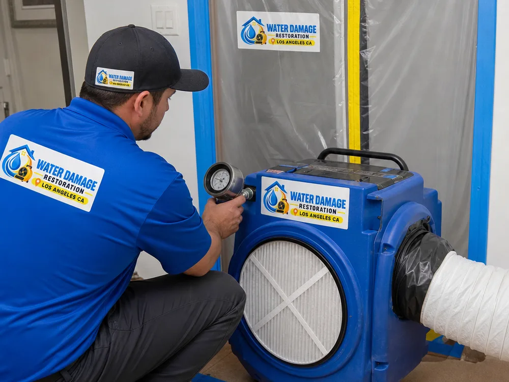Negative air machine connected to sealed containment while a technician checks airflow