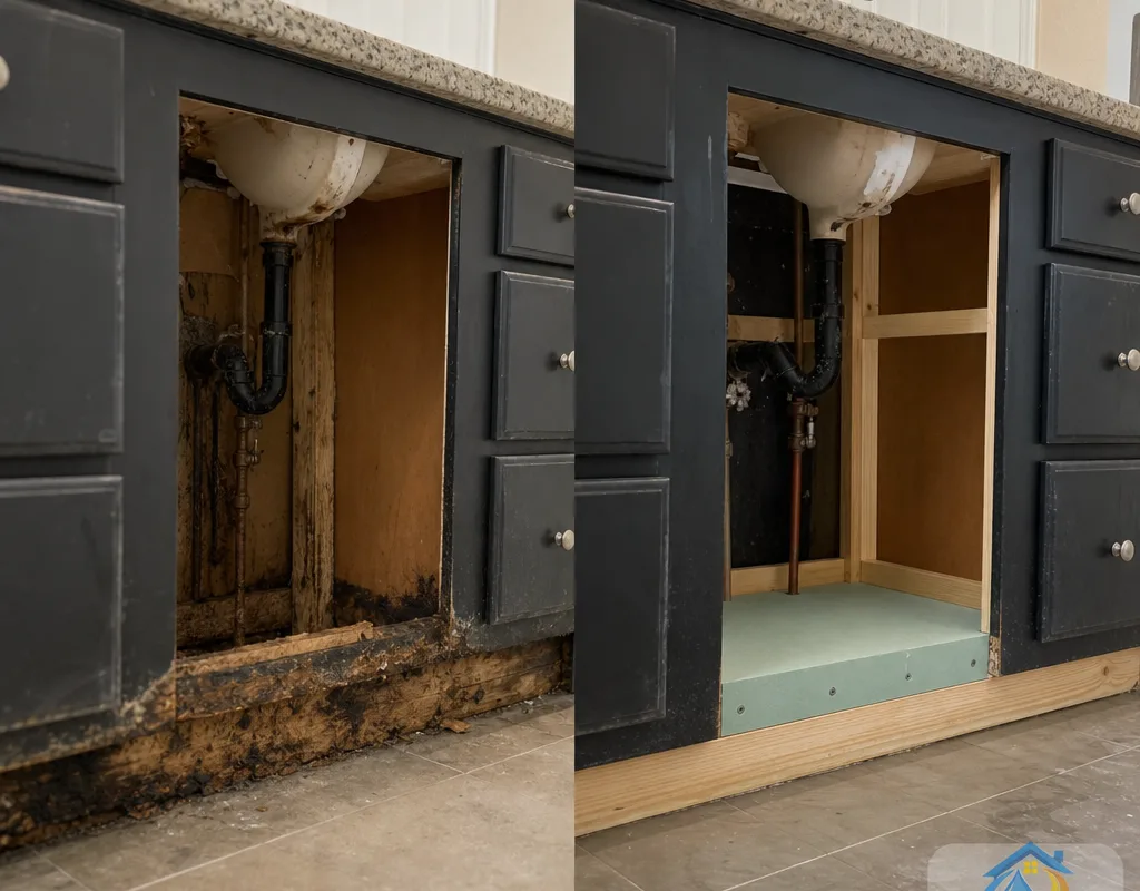 Before and after bathroom vanity area showing stained cabinetry followed by cleaned framing prepared for rebuild