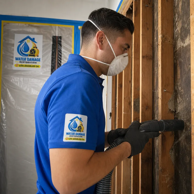 Technician HEPA vacuuming exposed wall studs inside a taped containment area