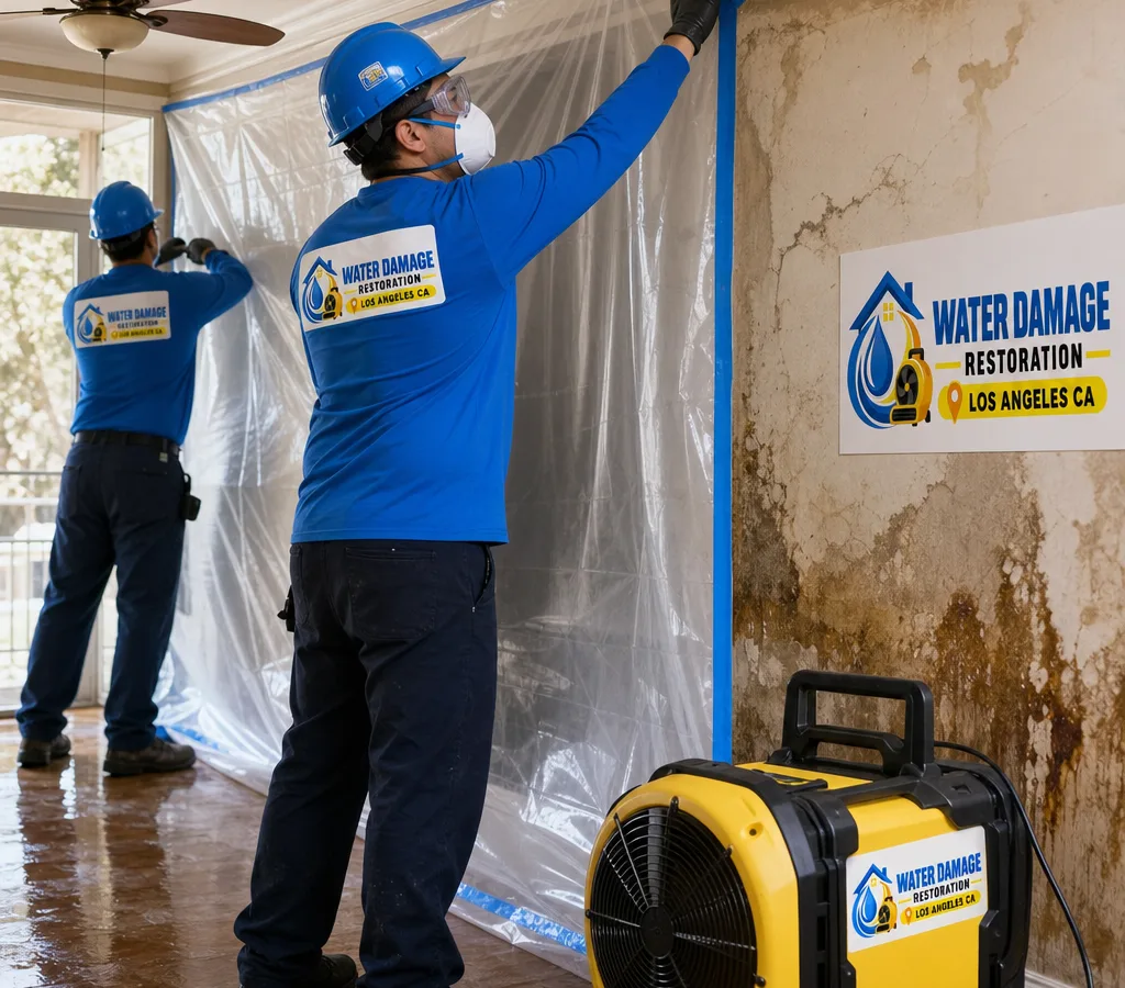 Certified technicians in PPE setting up plastic containment and a negative air machine in a Los Angeles home with moisture-stained drywall