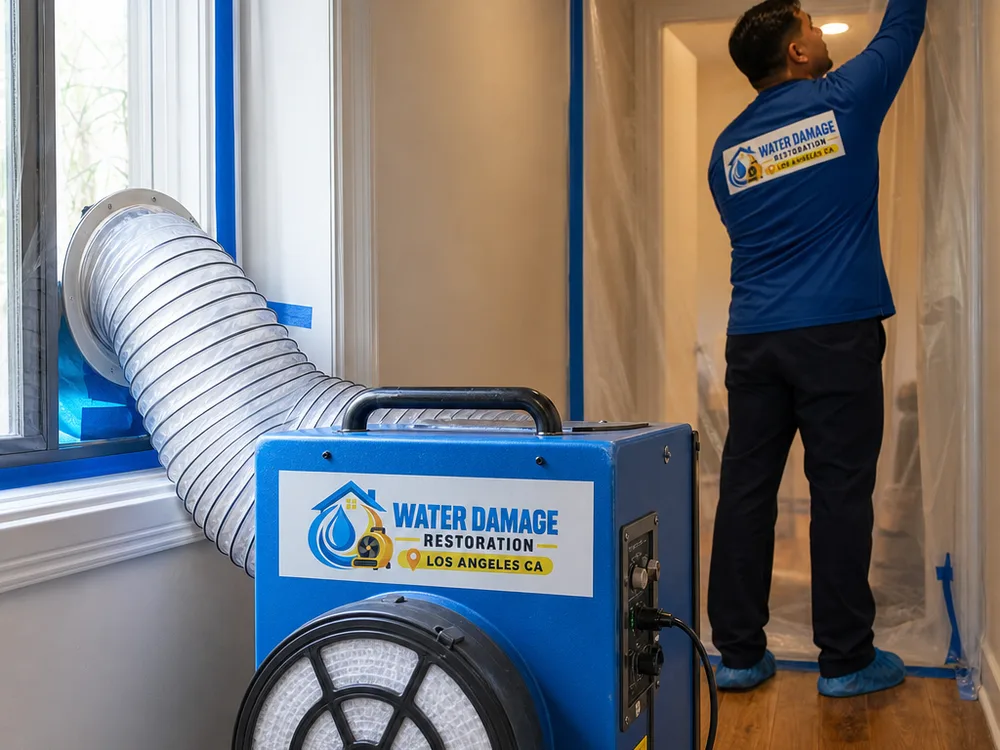Negative air machine with HEPA filter and ducting beside taped plastic containment in a residential hallway