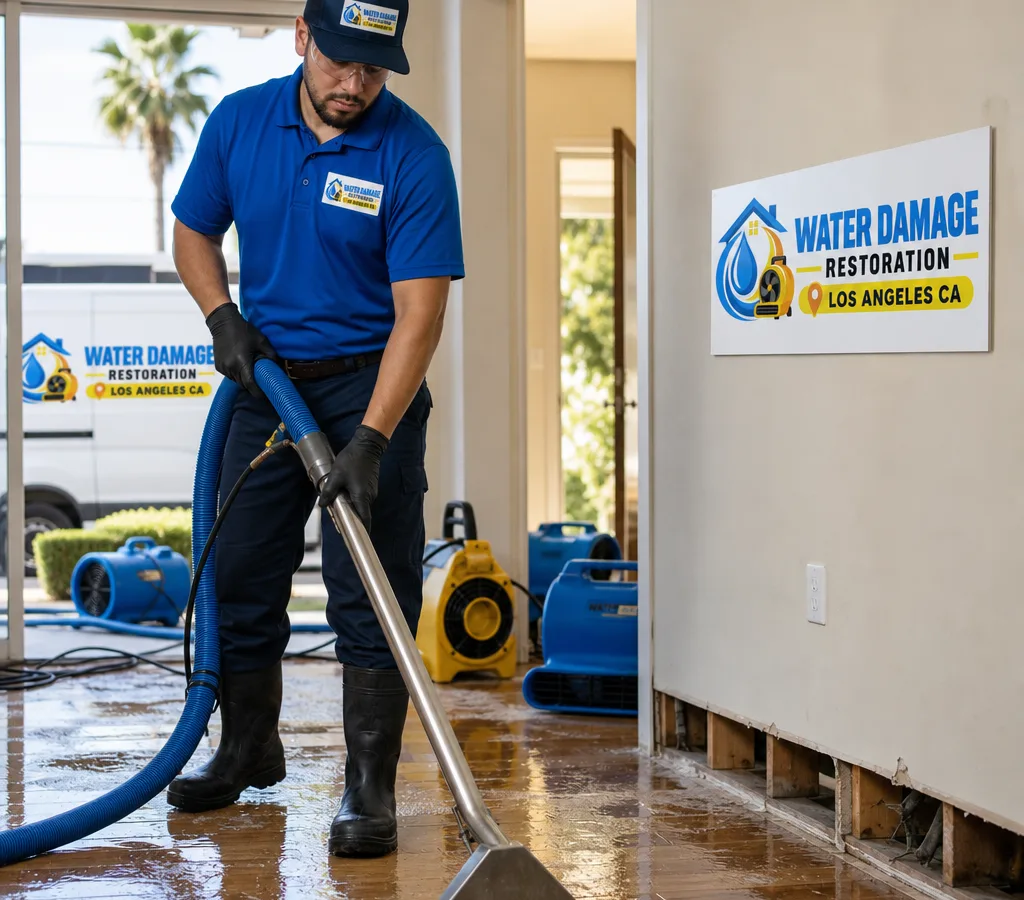 Technician extracting standing water from a Los Angeles home with professional drying equipment staged nearby