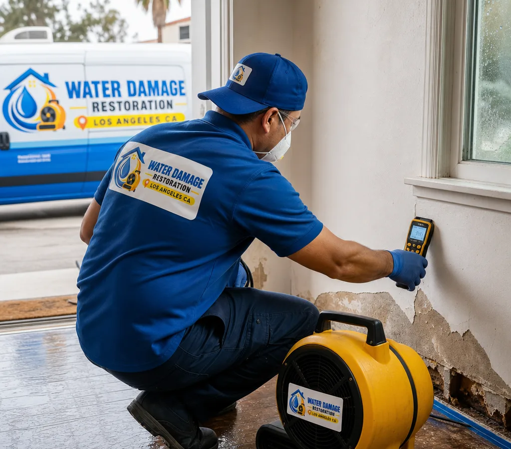 Restoration technician using a moisture meter and placing an air mover near water-damaged baseboards in a Los Angeles home
