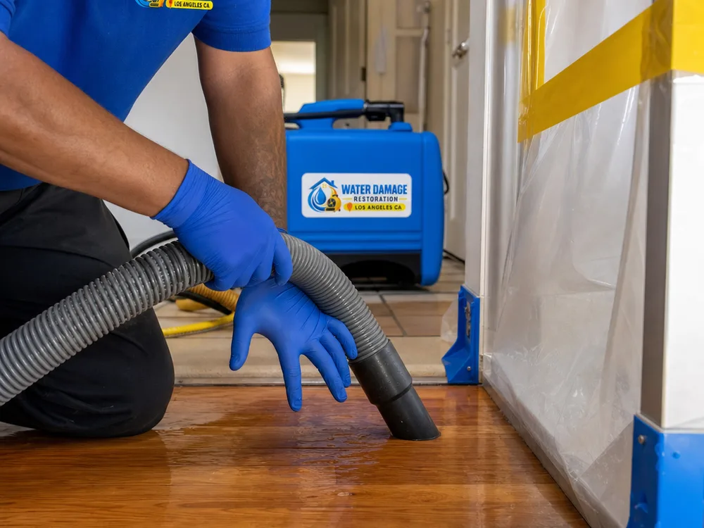Extraction hose removing standing water from a hardwood floor transition inside a contained residential hallway
