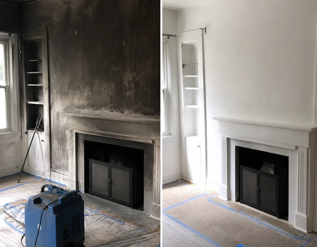 Before-and-after view of a soot-stained living room wall restored and prepared for repainting