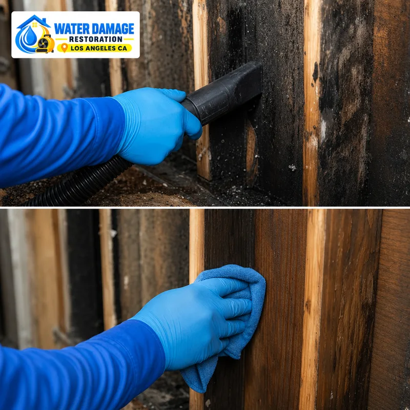 Close-up of soot and char being HEPA vacuumed from exposed structural framing