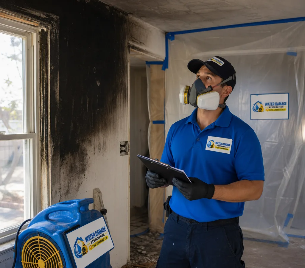 Restoration technician assessing a soot-damaged room with containment plastic inside a Los Angeles home