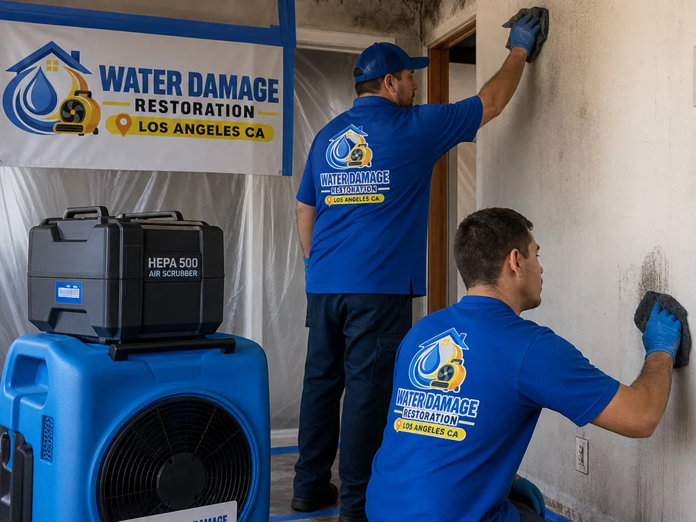 Technicians cleaning soot inside a contained residential fire-damage area with HEPA air filtration