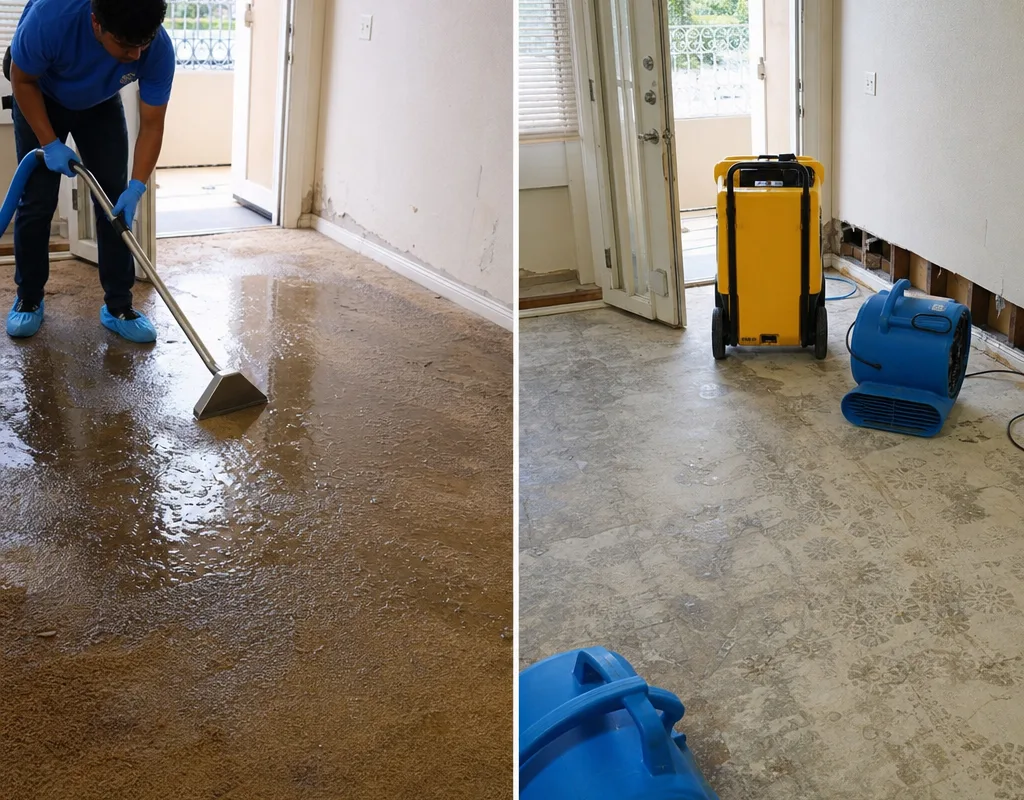 Before-and-after comparison of a water-damaged room and the same room stabilized with drying equipment