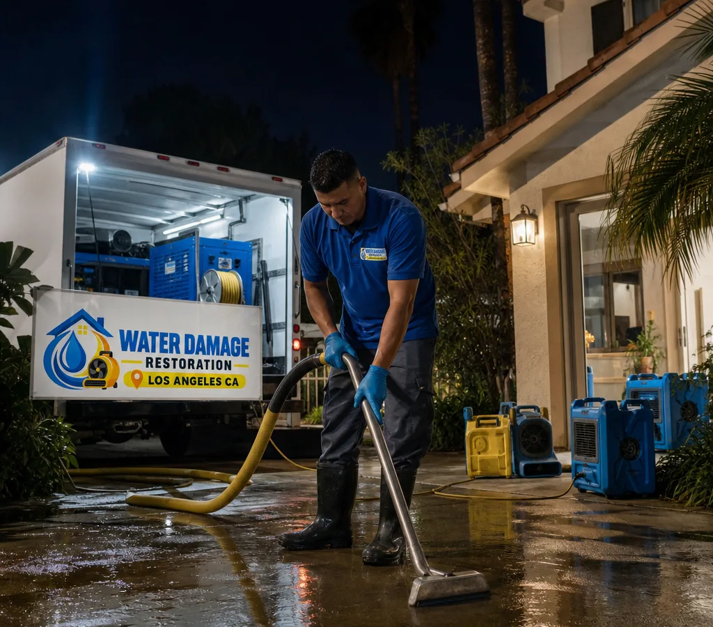 Technician in protective gear extracting water from a Los Angeles home at night with restoration equipment staged nearby