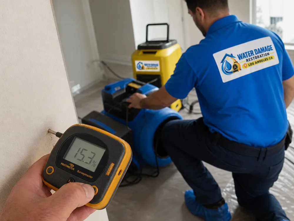 Moisture meter reading at wet drywall and baseboard while drying equipment operates in a Los Angeles apartment