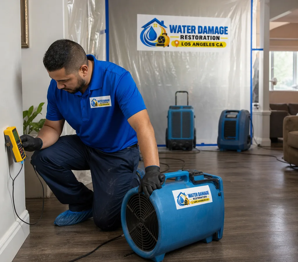 Technician using a moisture meter near air movers and containment inside a Los Angeles water-damaged home