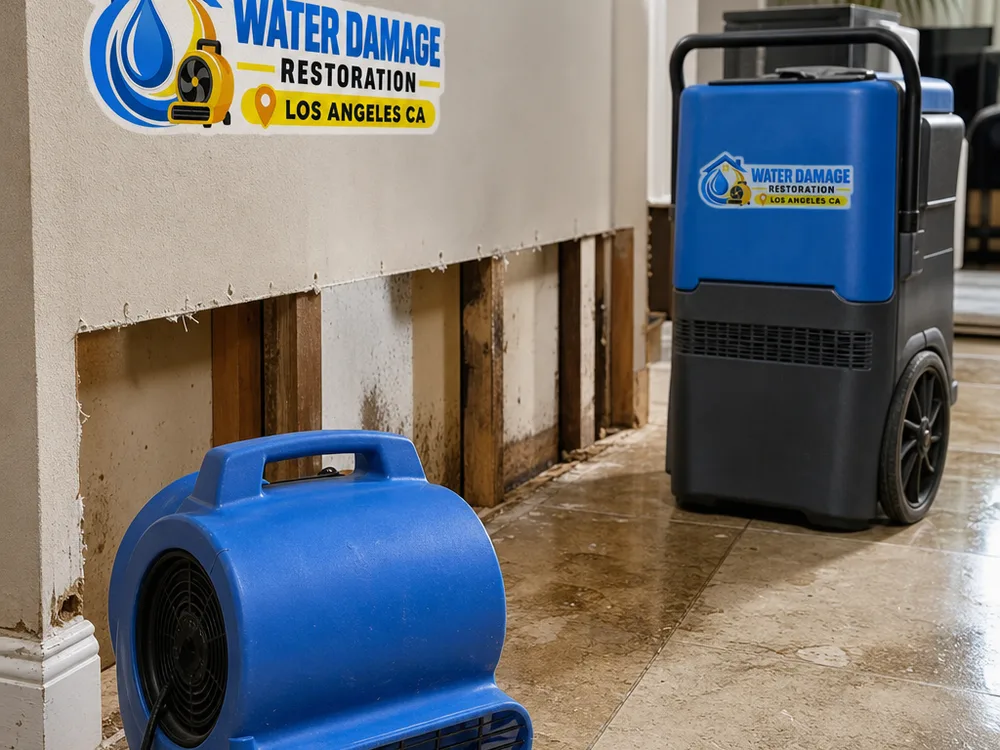 Straight flood cut in water-damaged drywall with an air mover and dehumidifier drying the exposed structure