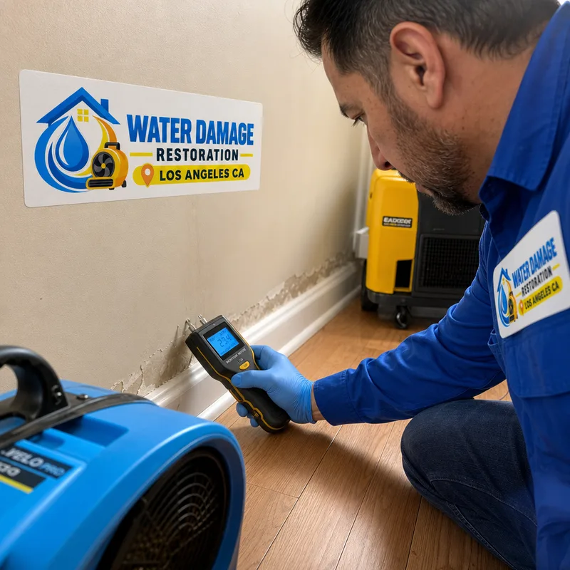 Technician taking moisture readings on drywall and baseboard with drying equipment staged nearby