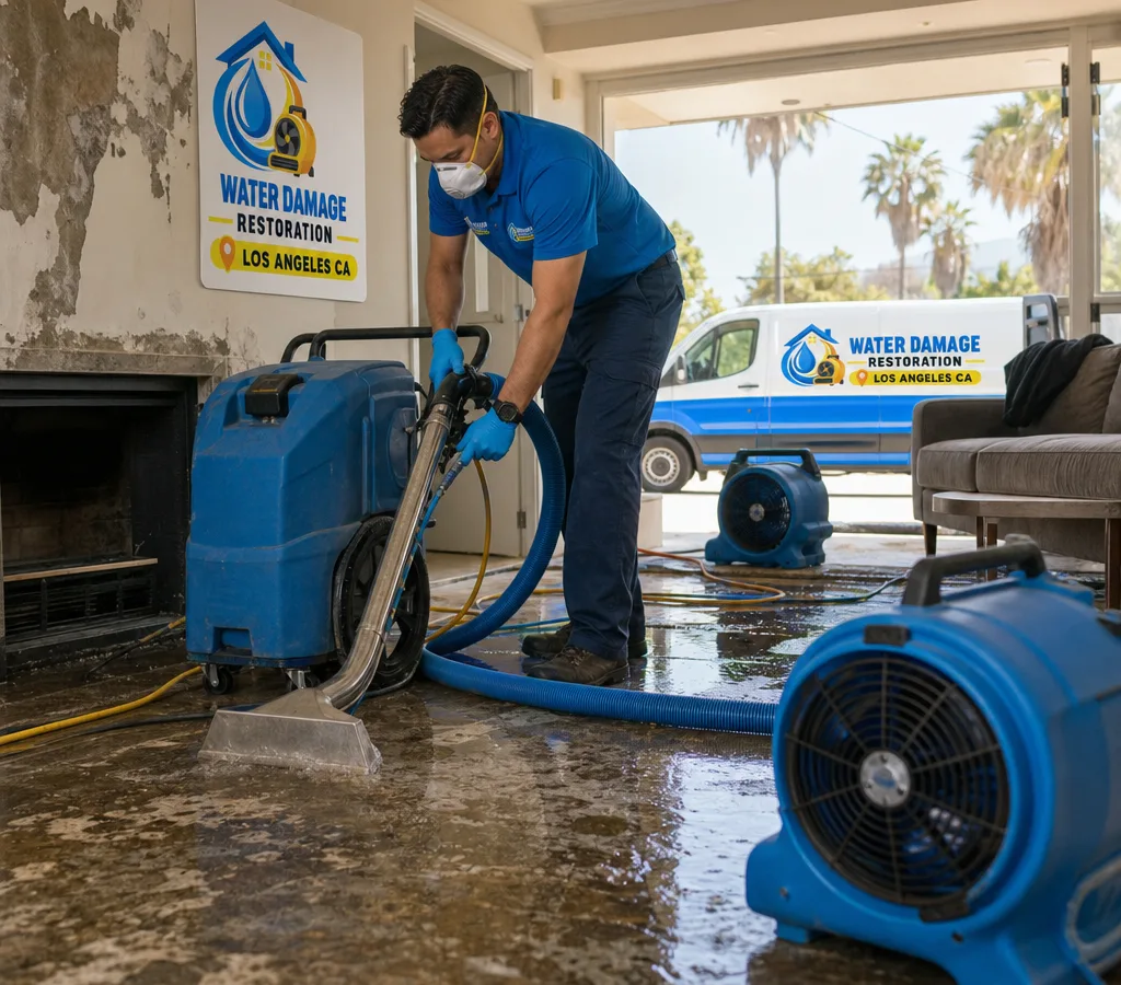 Technician in protective gear using a commercial water extractor and air movers in a Los Angeles home living room with water intrusion