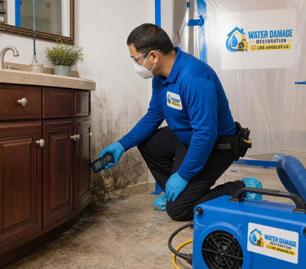 Technician in protective equipment inspecting mold around a bathroom vanity in a Los Angeles home