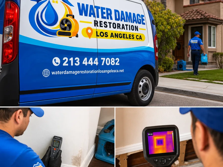 Technician using a moisture meter and thermal imaging to identify wet areas behind drywall