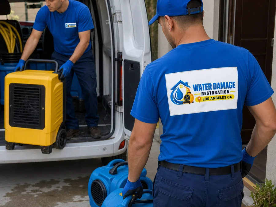 Two restoration technicians staging air movers and a dehumidifier at a Los Angeles jobsite